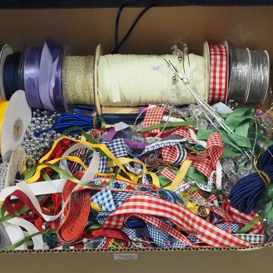 box; ribbons, beads, threads etc