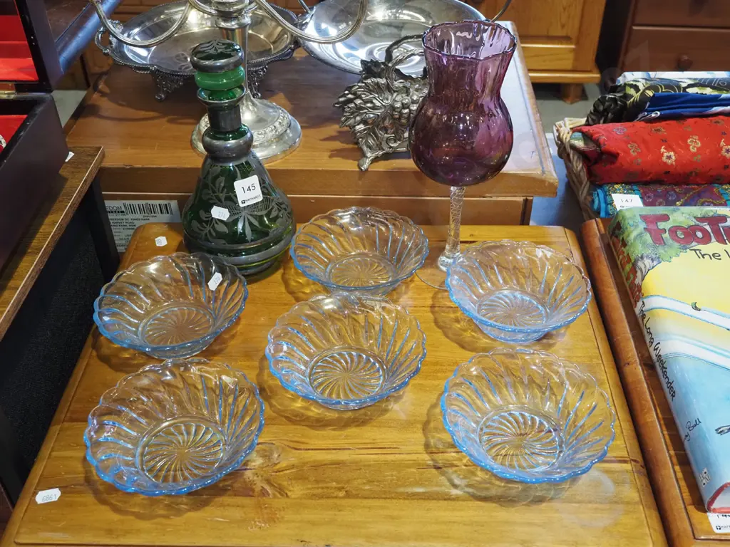 green glass silver painted decanter, purple goblet, 6x blue depression glass sweet dishes Goblet H25 Image 1++