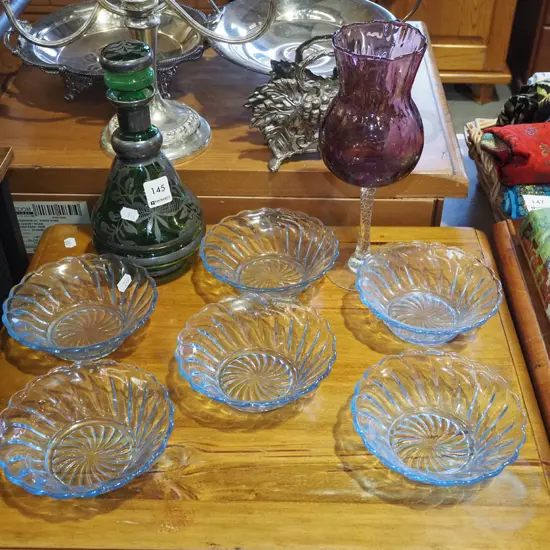 green glass silver painted decanter, purple goblet, 6x blue depression glass sweet dishes Goblet H25