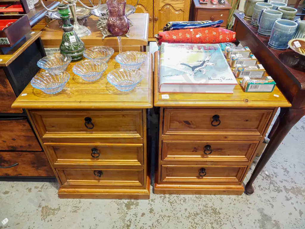 pair of solid pine 3 drawer bedside cabinets with drop metal handles Image 1++