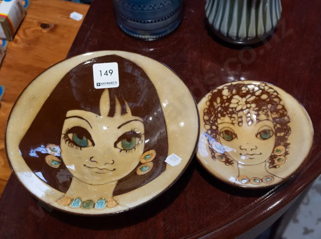2x studio pottery wall hanging bowls, female portraits Image 1++