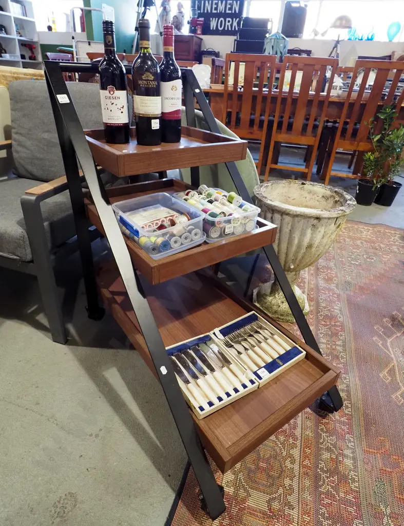 metal and faux wood veneer tea trolley with 3 faux woods shelves Image 1++