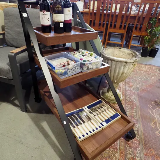 metal and faux wood veneer tea trolley with 3 faux woods shelves