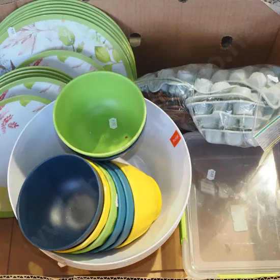 box; plastic bowls, plates, rubber ice trays etc