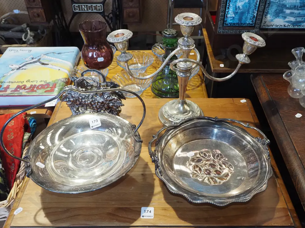 plated letter rack, candelabra, footed bowl, comport Image 1++