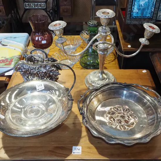 plated letter rack, candelabra, footed bowl, comport
