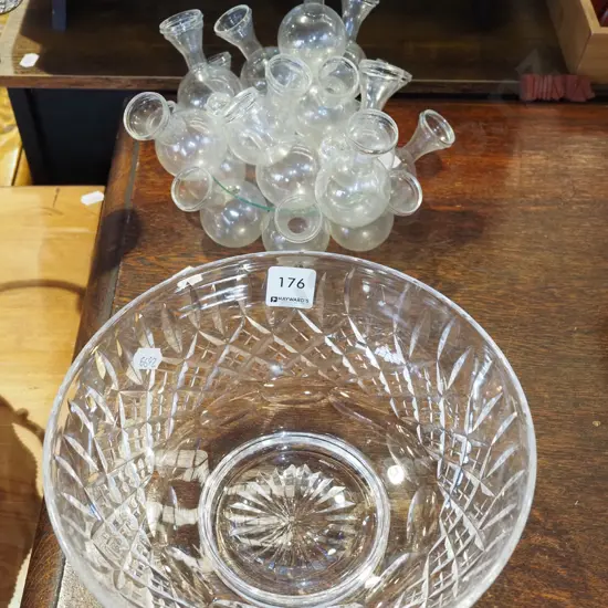 crystal bowl, unusual multi faceted glass bud vases