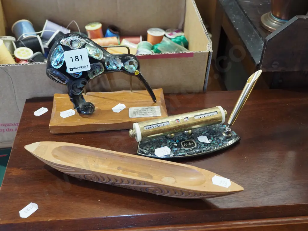 souvenir kiwi letter rack, desk top calendar, wooden carved waka Image 1++
