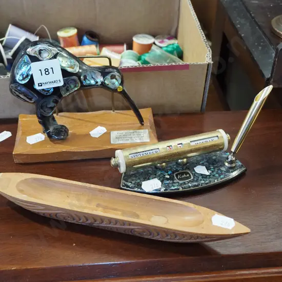souvenir kiwi letter rack, desk top calendar, wooden carved waka