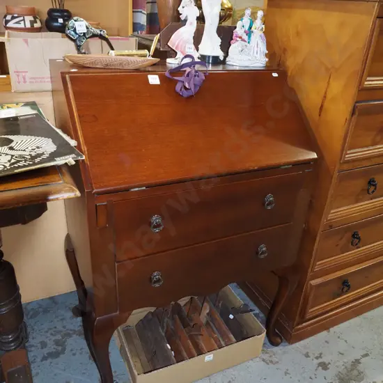 cab leg 2 drawer, mahogany drop front desk - key in office