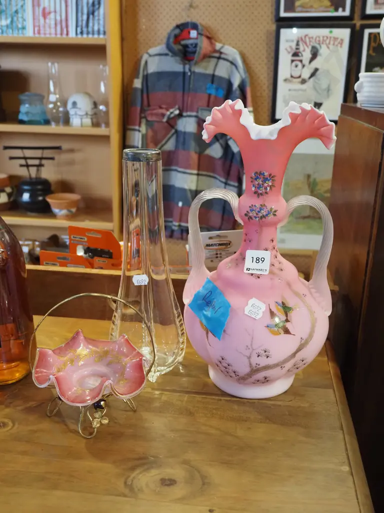 hand painted double handled glass vase - has repairs H310, clear glass vase, basket  Image 1++