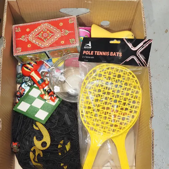 box; buzzy bee, desk lamp, tennis paddles etc