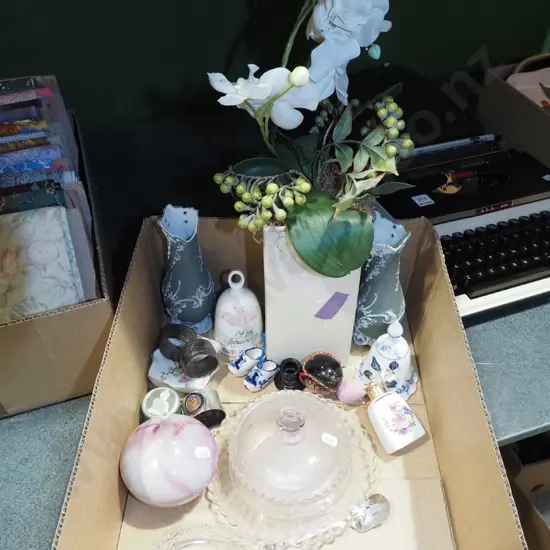 box; bud vase, ceramic bells, faux flowers etc