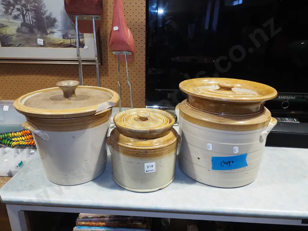 3x graduated storage crocks - chips and damage Image 1++