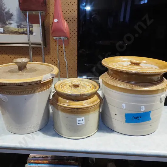 3x graduated storage crocks - chips and damage