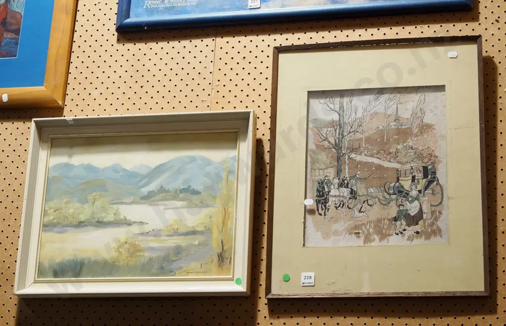 framed print on fabric - coaching scene, Robina Templeton oil - landscape - green dots Image 1++