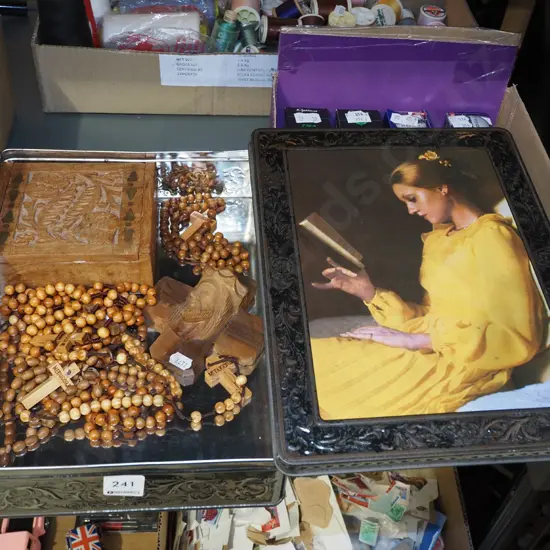 tin of rosary beads, crucifix, carved trinket box