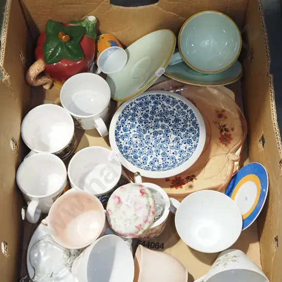 box; cups, saucers, novelty teapot etc