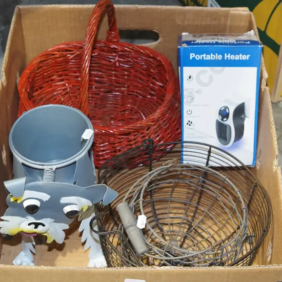 box; wire baskets, cane baskets, novelty dog planter