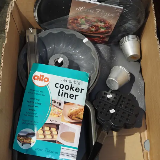box; pizza trays, cake moulds, waffle maker etc