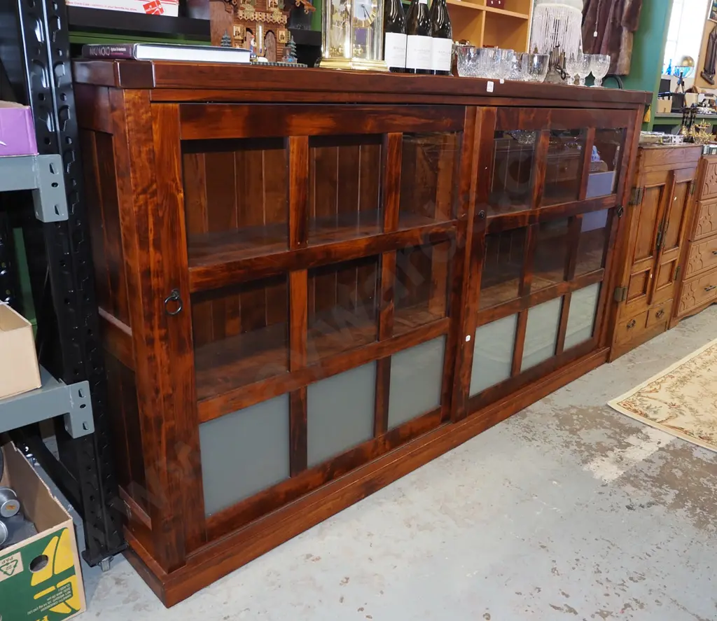 solid pine display cabinet with internal adjustable shelves and 2 sliding doors H1125 W2000 D400 Image 1++