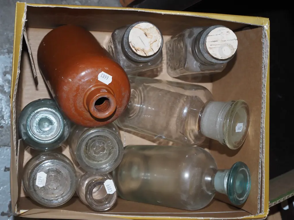 box; vintage gin bottles, apothecary bottles etc Image 1++
