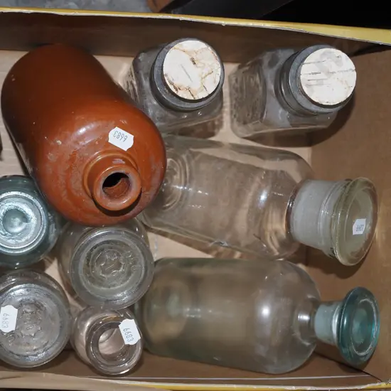 box; vintage gin bottles, apothecary bottles etc