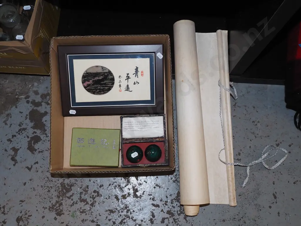 box; Asian scroll , framed prints, worry balls etc Image 1++