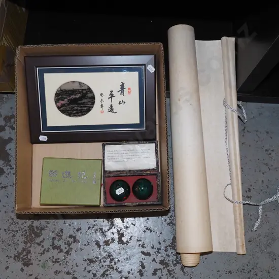 box; Asian scroll , framed prints, worry balls etc