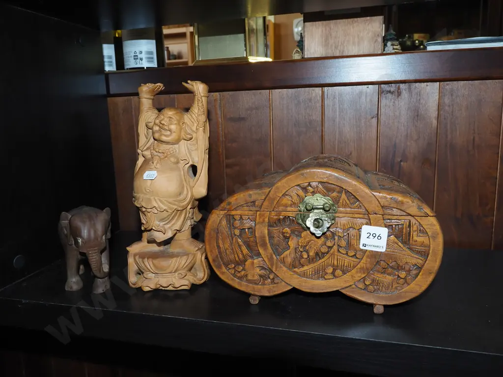 carved wooden buddha H250, elephant, wooden chest  Image 1++