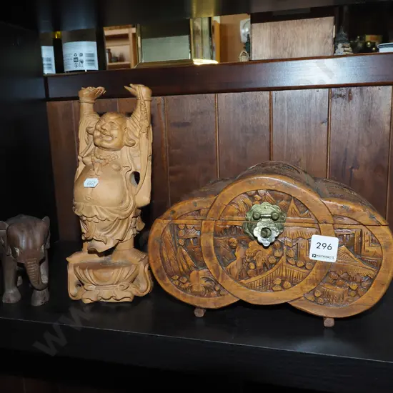 carved wooden buddha H250, elephant, wooden chest 
