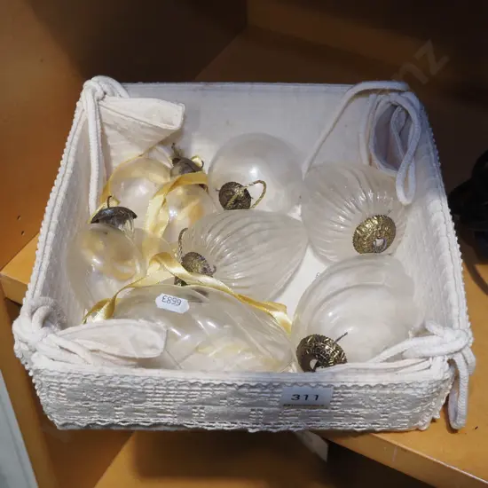 seagrass basket and glass Xmas tree baubles