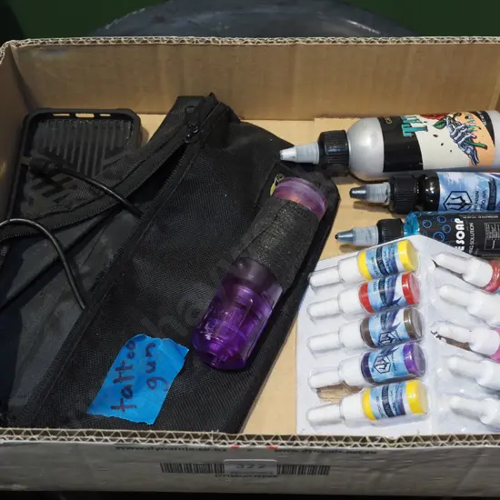 box; tattoo inks, portable tatoo gun