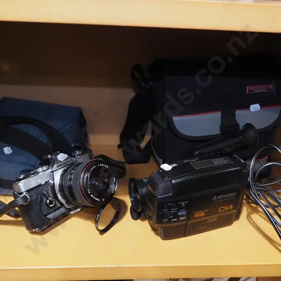 Olympus OM-1 35mm SLR film camera, Mitsubishi CX4 VHS-C camcorder