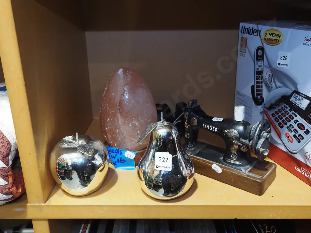 salt lamp - needs new bulb, chrome apple and pear, Singer sewing machine ornament Image 1++