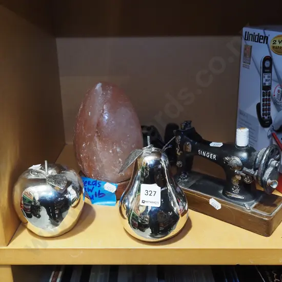 salt lamp - needs new bulb, chrome apple and pear, Singer sewing machine ornament
