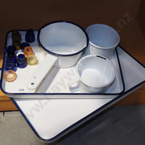 small glass chemist bottles, enamel trays, pouring pot etc