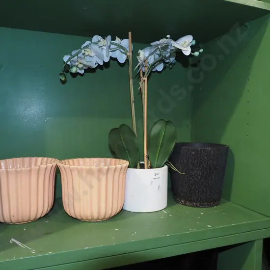 3x jardinieres, faux orchids in pot