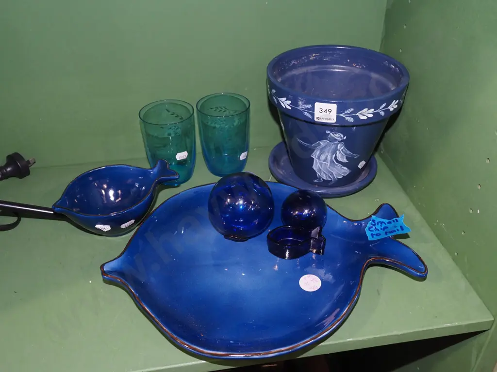hand painted terracotta planter, blue glass tumblers, fish plate (chip) etc Image 1++