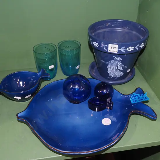 hand painted terracotta planter, blue glass tumblers, fish plate (chip) etc