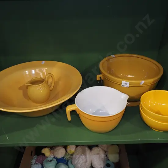 yellow bowls, jug, double handled urn etc
