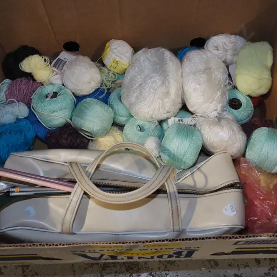 box; sewing threads, knitting yarns, needles etc