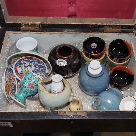 vintage wooden sewing box, Asian cups, vases etc