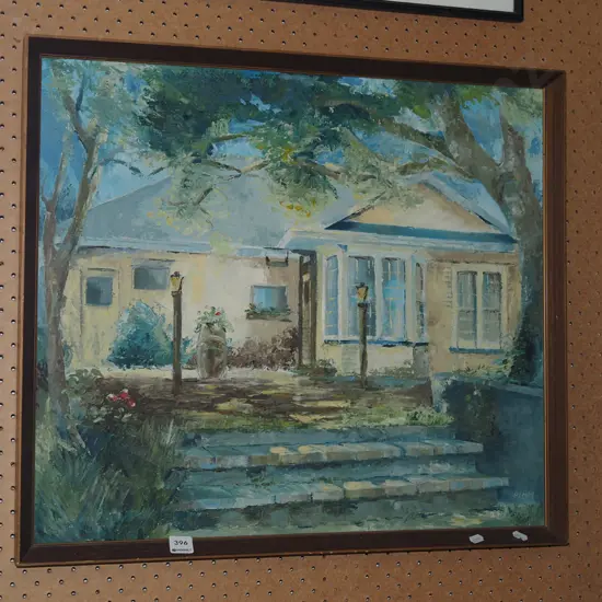 framed oil - house and tree scene
