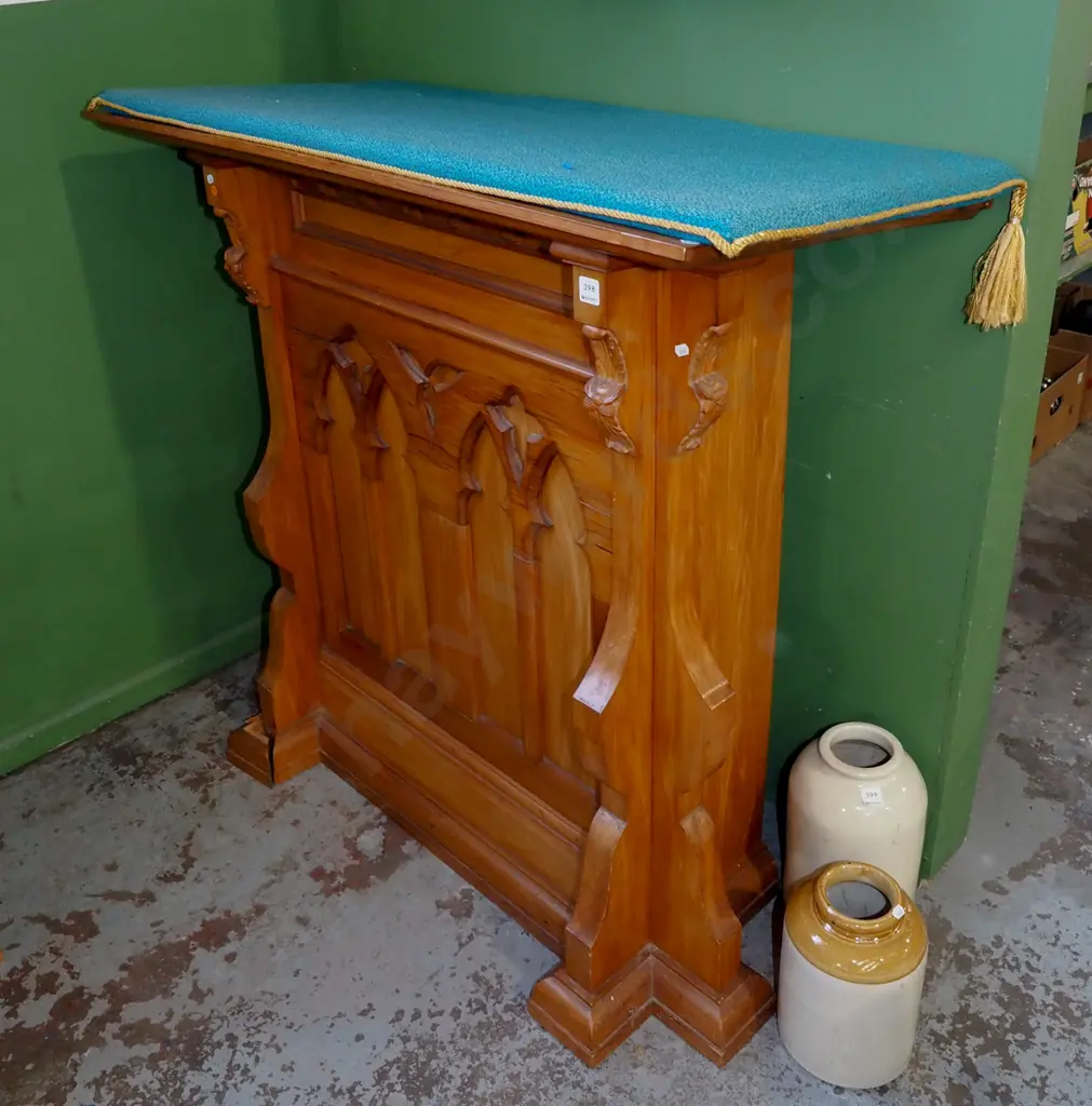 ornately carved church lectern with cushion - needs repair to left hand foot area H1080 W1000 D530 Image 1++
