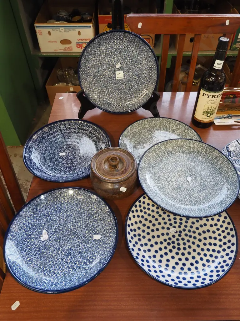 assorted blue and white dinner plates, pottery lidded jar Image 1++