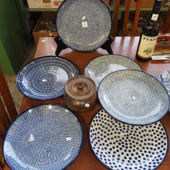 assorted blue and white dinner plates, pottery lidded jar