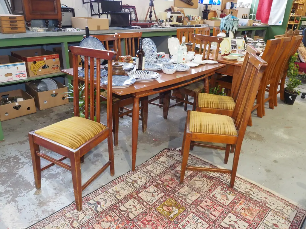 mid century mahogany based and formica top dining table and 6 high back beech dining chairs Image 1++