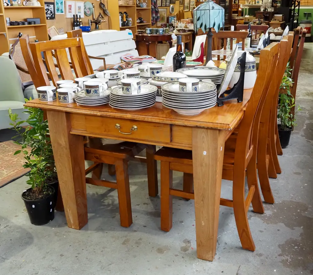 large solid pine dining table with 2x end drawers and 6 matching high back chairs H760 W1820 D1040 Image 1++