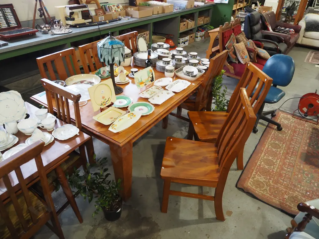 large solid pine dining table with 2x end drawers and 6 matching high back chairs H760 W1820 D1040 Image 1++